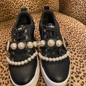 Stylish Black KARL Lagerfeld loafers with Pearl Accents